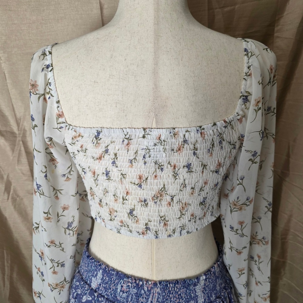 Windsor Floral Corset Crop Top White Long Sleeve Smocked Back PT41845KW Medium - Picture 6 of 7